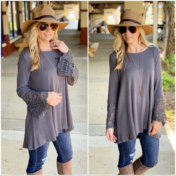 Infinity Raine Tops - Charcoal Lace sleeve tunic Infinity Raine Tops - Charcoal Lace sleeve tunic